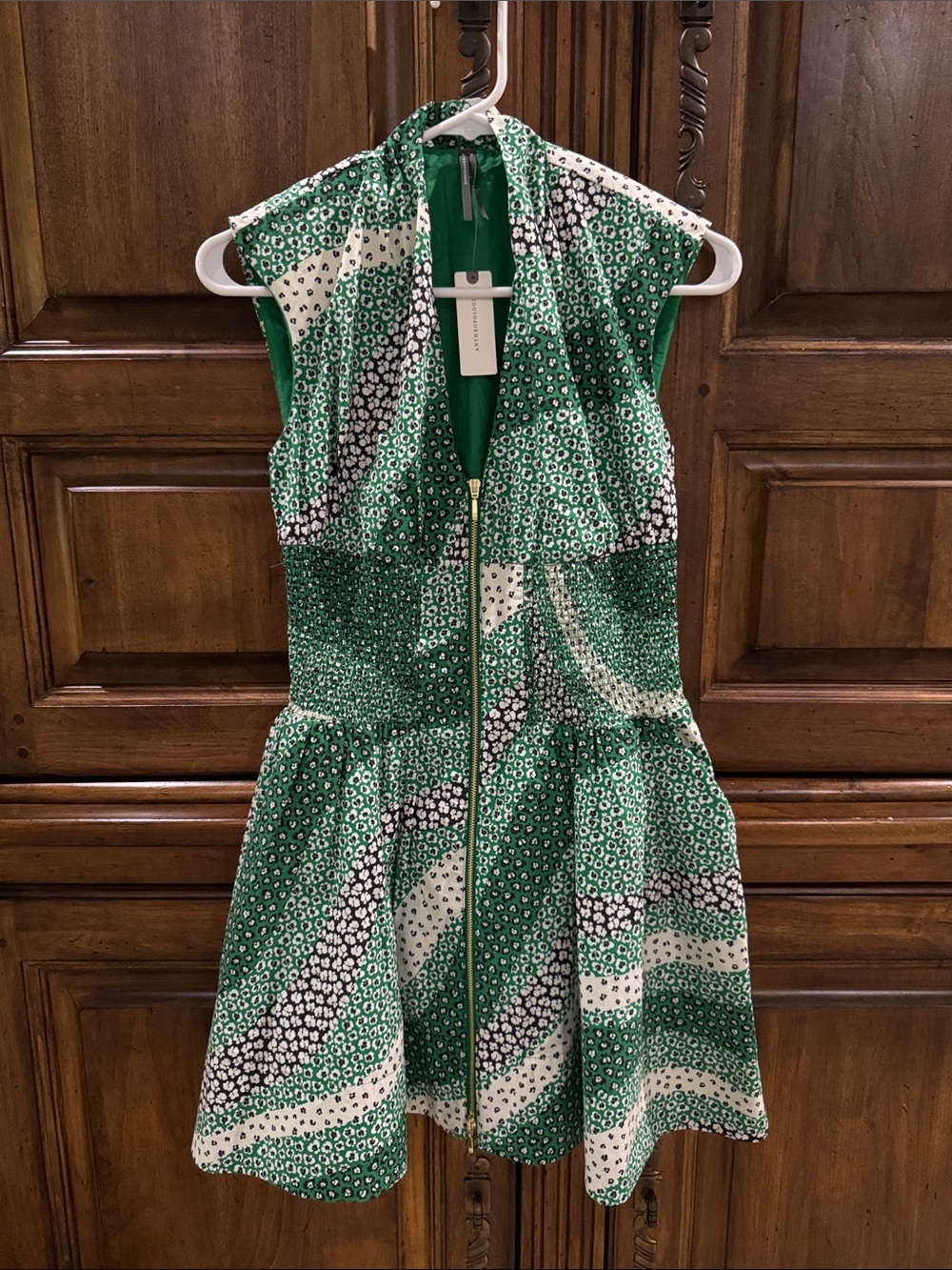 Anthro Green Printed V-Neck Zip-Front Women's Dress - NWT - XXS